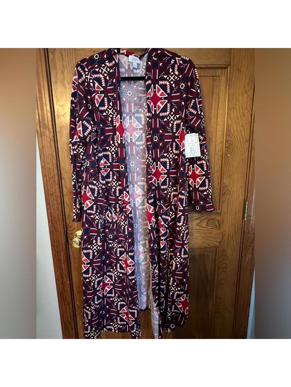 LuLaRoe Sarah Sweater Duster Long Cardigan XL Blue Cream Red Pockets NWT